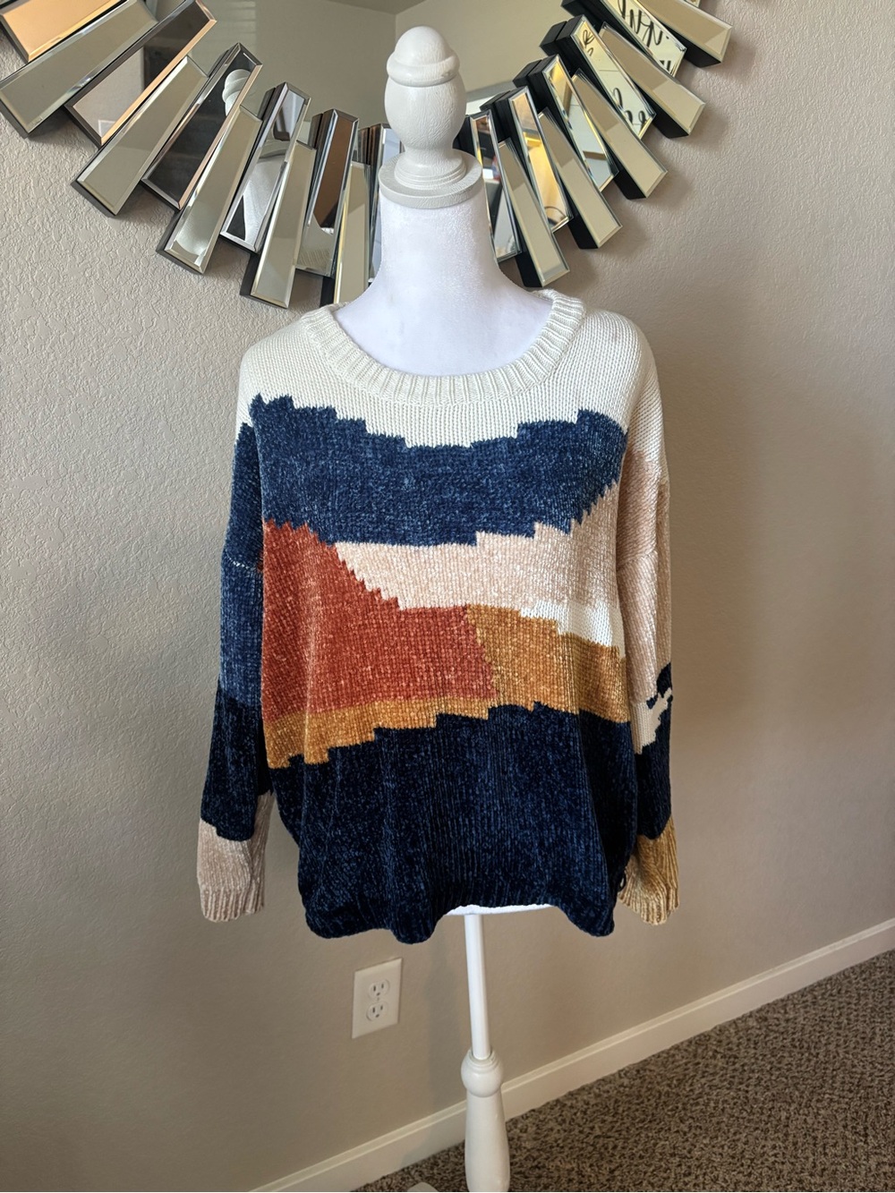 Umgee Colorblock Crewneck Sweater in Cream, Navy, Rust & Mustard